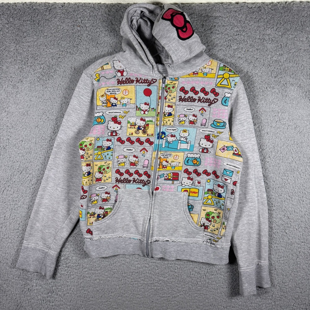 Vintage Hello Kitty Hoodie Womens L Gray Sanrio Comic Book Bow Full Zip 2007 Y2K